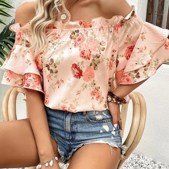 Pink Floral Boho Off Shoulder Ruffled Blouse - Picture 3 of 4